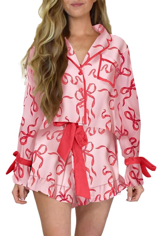 Image of Yiulangde Valentines Heart Bow Pajamas for Women Silk Satin Ruffle Shorts Pjs Tie Front Long Sleeve Shirts Pajamas with Bows