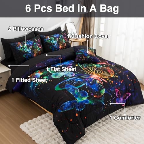 Image of A Nice Night 3D Butterfly Galaxy Bedding Sets Kids Full Comforter Set | Butterfies Flying in Space Printed,Glitter Bedding Bed in a Bag, For Boys Girls Teen Room Decor,All Seasons,Ultra Soft