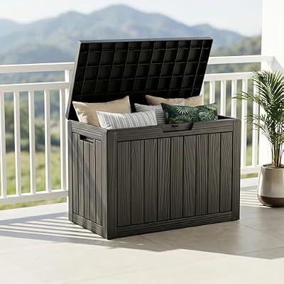 ROJIK Outdoor Storage Box, 55 Gallon Waterproof Deck Box, Weatherproof Resin Outside Storage Bin for Patio Furniture, Garden Tools, Pool Accessories, Cushion, Black