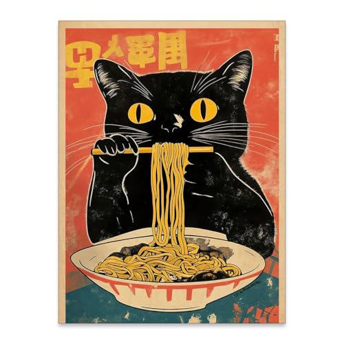 enttgo Vintage Black Cat Poster Funny Cat Eating Ramen Wall Art Unique Kitchen Decor Artwork 16x20 inch Unframed Japanese Prints for dining Room Bedroom or Living Room Decoration