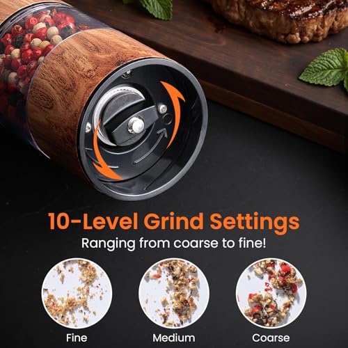 Electric Salt and Pepper Grinder Set Rechargeable – Automatic Salt and Pepper Shakers with Adjustable Coarseness, LED Light, One-Hand Operation Salt and Pepper Shakers Set (Wood Grain) - Image 3
