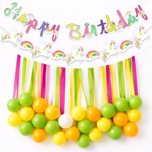 Image of Rozi Decoration Unicorn Theme Birthday Decoration Kit with Happy Birthday Banner, Rainbow Cutouts, Crepe Streamers and Latex Balloons for Girls Party Celebration Pack of 38 Pcs