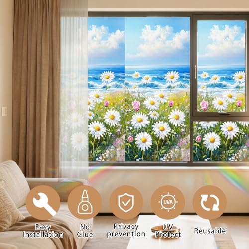 Image of Nuxovilar White Flower Floral Pattern Cling Window Film 17.5x39.3 PVC