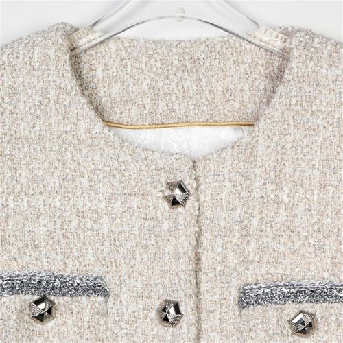 Women Cropped Tweed Blazers Jacket Retro Long Sleeve Button Down Crew Neck Office Lady Business Coats2