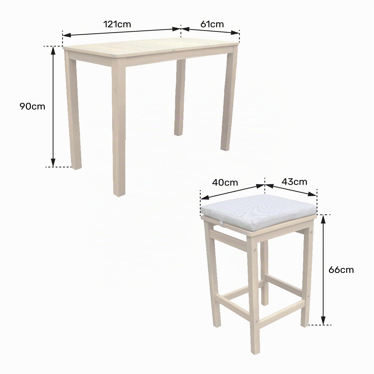 Happy Garden Mange Debout Aruba en Acacia avec Coussins Sable. Table Haute et tabourets d'extérieur pour 4 Personnes.