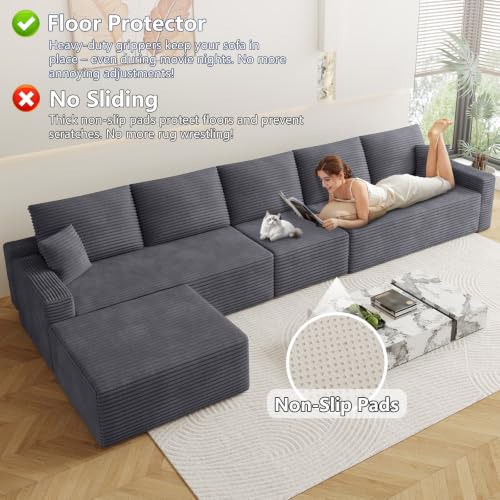 Image of Oversized Modular Sectional Sofa Couch,Large 6 Seater Corner Sofa Modern L Shaped Sectional Couch with Ottoman Cloud Couches for Living Room,Office,Spacious Space,Corduroy,No Assembly,Dark Grey