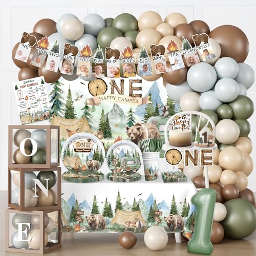 Fexivo 230PCS Camper 1st Birthday Decorations All-in-1 Supplies Pack Includes 20 Camper Theme Tableware Backdrop High Chair Banner Tablecloth Balloon Kit for 1st Birthday Party Themes