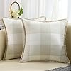 Decoruhome buffalo plaid check spring throw pillow covers 18×18 set of 2 outdoor decorative farmhouse pillow covers with stitched edge for bed couch sofa cream white and beige  urban country home decor