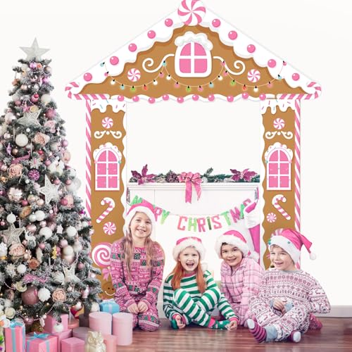 Image of Funrous Door Banner Party Decor Porch Banner Door Sign Set Photo Booth Props Backdrops for Birthday Baby Shower Outdoor Indoor House Porch Decorations (Pink,Gingerbread)