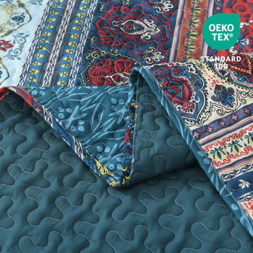 Image of Andency Brown Green Quilts Queen Size, 3 Pcs Boho Striped Bedspread | Soft Lightweight Brown Green Printed Bohemian Polyester Reversible Coverlet Comforter Sets for All Season (90 inchx96 inch)