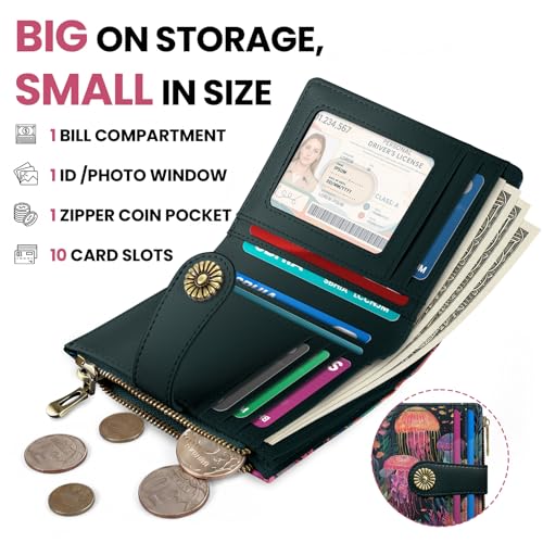 Image of Small Wallet for Women, RFID Blocking Bifold Card Holder Wallet with 10 Card Slots, Cash Compartment, Zipper Coin Pocket & ID Window, Cute Soft Vegan Leather Compact Wallet, Jellyfish