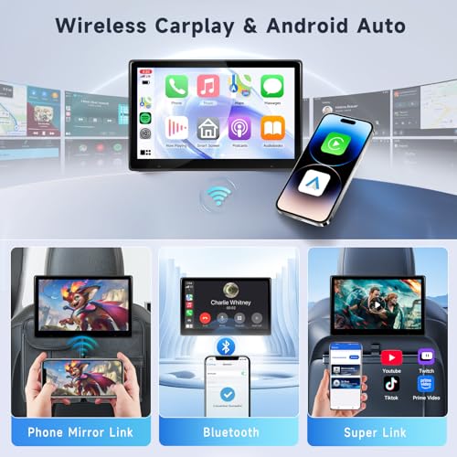 Tragbarer Auto-TV-Kopfstützen-Monitor-Player für den Rücksitz mit Bluetooth, 10,1-Zoll-IPS-Touchscreen-Videoplayer, unterstützt Carplay und Android Auto, Mirror Link + 64 GB TF-Karte