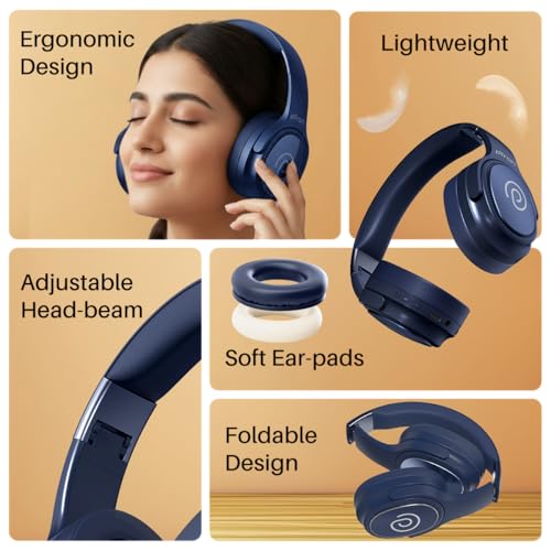 Image of pTron Studio Pro w / 65Hrs Playtime, Wireless Over Ear Headphones with HD Mic, Dual Device Pairing, TruTalk AI-ENC Calls, Low-Latency Game & Music, 40mm Drivers, BT5.4, Type-C Fast Charging (Navy Blue)