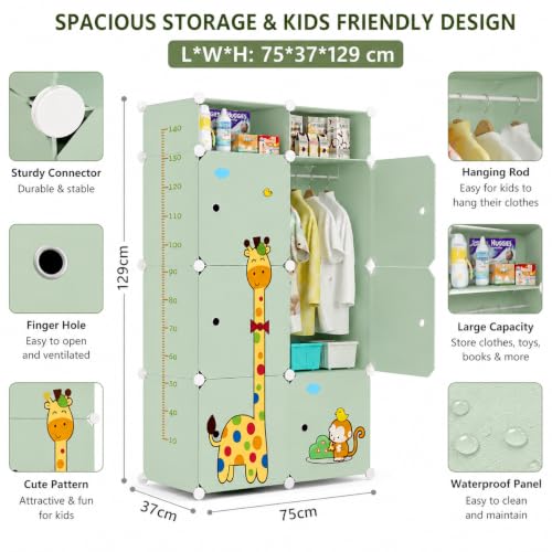 Image of LUHI Plastic Wardrobe for Kids Clothes - Easy to Use Anti-Skid & Non-Slip Effective Professional, Plastic Cupboard for Kids, Foldable Almirah, Collapsible Wardrobe (Green S3, 8-Shelf-6-Door)