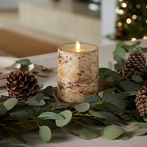 Luminara Realistic Artificial Flame Pillar Candle Wrapped With Real Birch Bark - Moving Flame Led Battery Operated Lights - Unscented - Remote Ready - Remote Sold Separately - 4.0" X 7.0" #TOP1