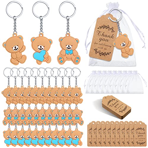 120 Pcs Bear Baby Shower Favors Bear Party Favors, Cute Keychain with Organza Bags Thank You Kraft Tags and Rope for Guests Girls Boys Birthday Party Supplies Decorations (Blue, Cute)