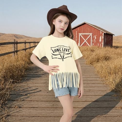 Image of Wrenpies Girls Western Fringe Shirt Long Live Cowgirls Country Rodeo Shirts Kids Cow Skull Graphic Tees Tassel Fringe Tops