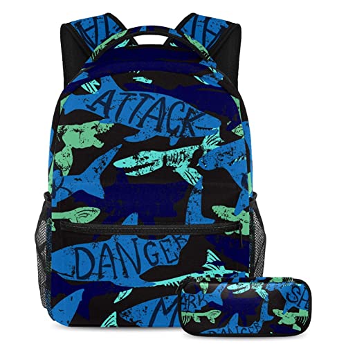 Sac à dos de voyage grand volume avec étui à stylo et détails métal, modèle Grunge Shark