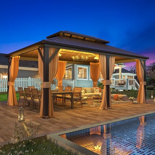EROMMY 12' x 18' Hardtop Gazebo, Aluminum Frame Gazebos with Galvanized Steel Double Roof, Permanent Outdoor Metal Pavilion with Curtain and Netting for Patio, Lawn, Deck - Image 8
