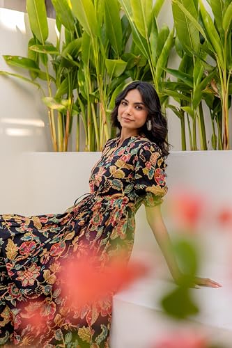Image of LABEL ADRIJA Pure Cotton Calf Length Midi Dress for Women Floral Print | Flared Anarkali Dress Puff Sleeves