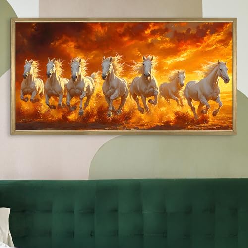 Image of PAPER PLANE DESIGN Seven Running Horses HD Canvas Print Wall Art - Premium Vastu Golden Box Frame With Acrylic - Elegant Home & Office Decor - Size: 2 x 4 Feet. (E)