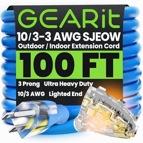 GEARit 100 ft Outdoor Extension Cord 10/3 Gauge SJEOW 10 AWG, Heavy Duty 3-Prong Power Cable with Triple Outlet Lighted End, 15A 125V 1875W, Waterproof Cord for Tools & Garden, Blue