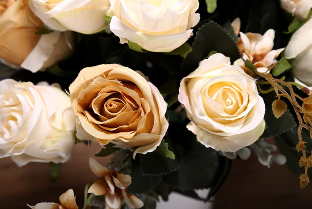Fiori Artificiali Finti, Rose di Seta con Stelo, Bouquet per Matrimoni, Feste e Decorazioni per la casa. Composizione con 6 Rose e 3 boccioli.