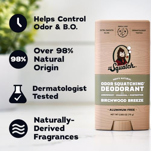Dr. Squatch Natural Men’s Deodorant, Aluminum Free Deodorant Men (3-Pack) | Natural Deodorant Men, Made with Charcoal & Postbiotics, 72-Hour Odor Protection (Birchwood Breeze) - image 5