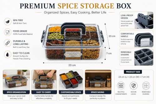 Image of MEKIT Masala box plastic With 9 Compartment | Big Kitchen Stylish Airtight Spice box Container | Transparent Organizer For kitchen storage Dabba (23x23x7cm) Classy Grey
