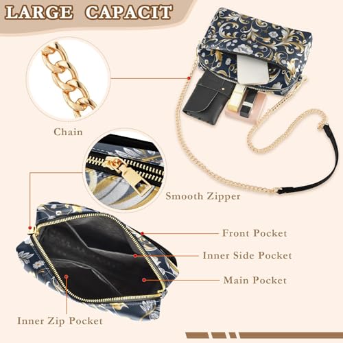 KLL Dark Blue Gold Floral Fashion Small Crossbody Bags For Women Vegan Leather Purse For Teens Waterproof Shoulder Handbags4