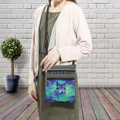 Neon Wolf Messenger Bag Small Ethnic Pattern Printed Adjustable Strap Crossbody Zipper Bag Neon Wolf Phone Bag Wallet Cute Shoulder Handbag for Women3