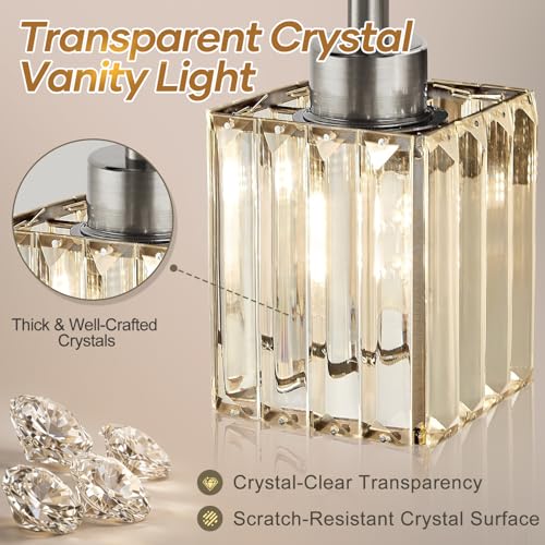 Image of Torondo Modern Crystal Bathroom Vanity Light 4-Light Brushed Nickel Bathroom Light Fixtures Over Mirror Vanity Lighting Fixtures Square Shade Wall Sconce (Bulbs Not Include)