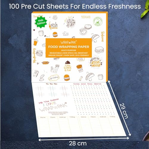 Image of Wrapping Paper Sheets | 100 Sheets | 100% Food Grade | FDA Approved | 100% Quantity Guarantee | Oil Resistant & Non Soggy | Reheatable | Parchment Paper (Kids Edition, 28x29 Cm)