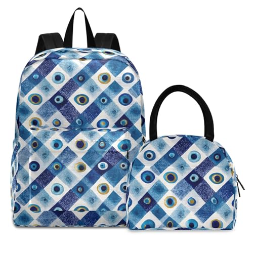 Blue Evil Eye Print Backpack Set with Lunch Bag, Large Capacity Travel Backpacks and Lunch Box Insulated for Commute Hiking Picnic