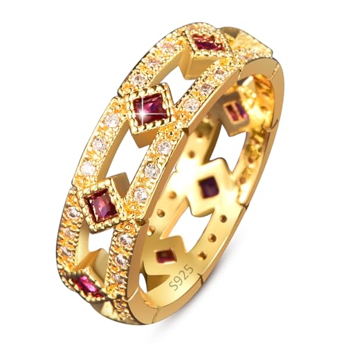 18K Gold Plated Rings for Women, Eternity Engagement Ring, Simulated Ruby Spinel Stacking Wedding Band Promise Ring for Her
