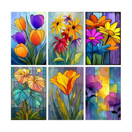 Image of SiddArtify Floral Stained Glass Wall Art Poster Print Set - Modern Flower Decor for Living Room Bedroom Office - 12x18 inch Board Pack of 6