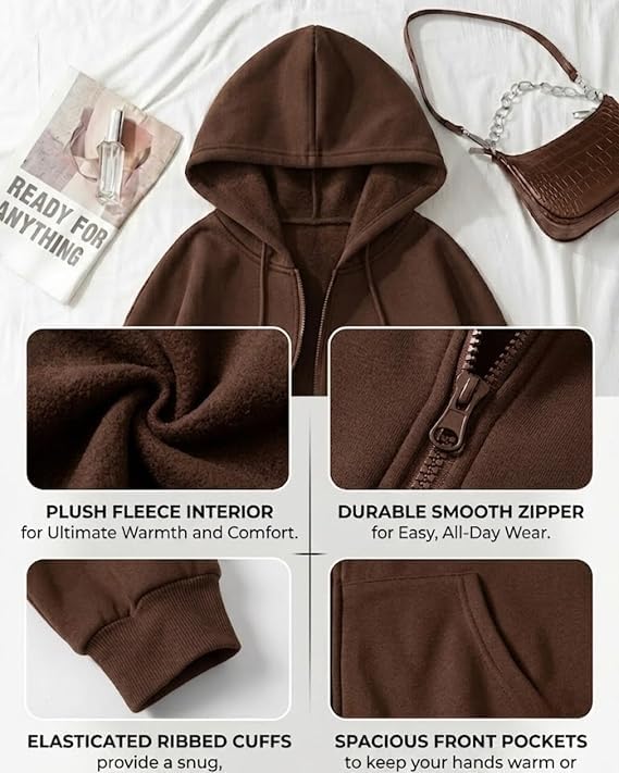 Image of NETCLICK Women's Polycotton Fleece Plain Full-Zip Hooded Winter Sweatshirt