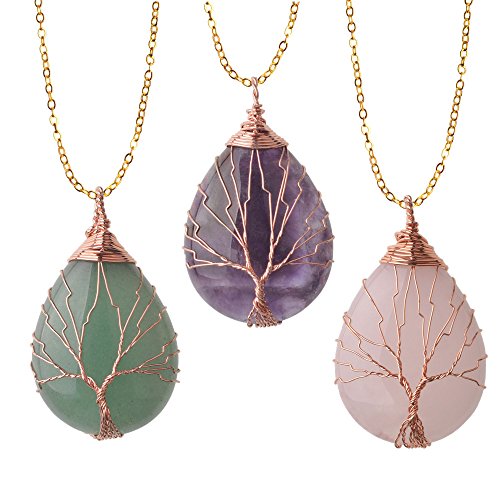 Zhepin 3pc Vintage Tree of Life Wire Wrapped Copper Teardrop Natural Gemstones Pendant Necklace,with Gift Box