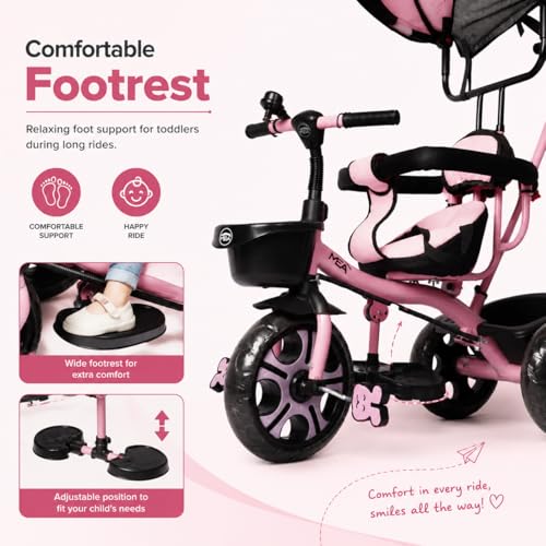 Image of MEA Kids Tricycle with Adjustable Canopy & Parent Push Handle | Safe Baby Trike with Safety Guard Rail, Comfortable Seat & Storage Basket | Play Ride-On Tricycle for Toddlers Boys & Girls - Pink