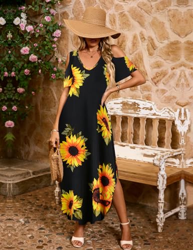 Image of JollieLovin Womens Plus Size Casual Summer Maxi Long Dress Cold Shoulder V Neck Beach Sundresses