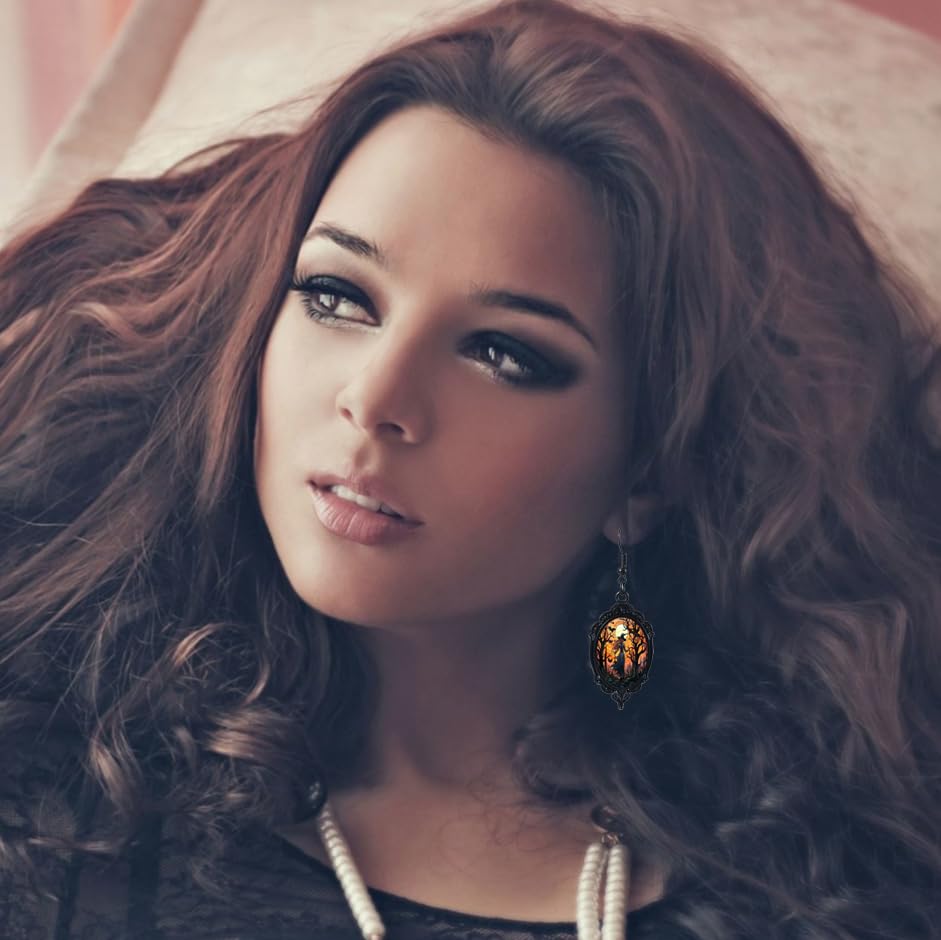 Vintage Gothic Mystery Witch Cameo Earrings - Punk Style Crystal Glass Witch Dangle Earrings4