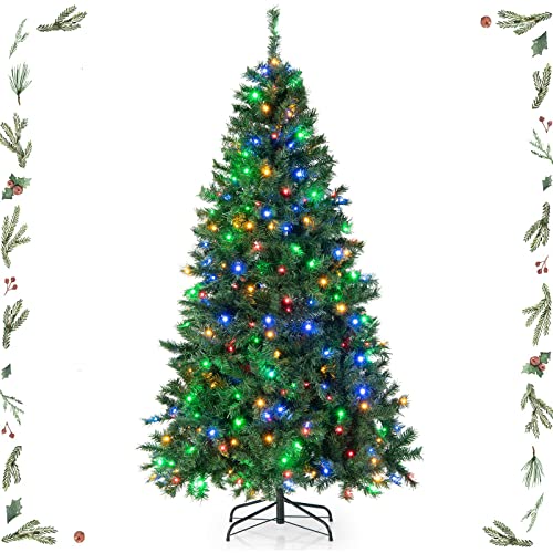 GYMAX Albero di Natale Illuminato 210 cm, 350 Luci Incorporate Colorate, 1006 Rami Folti in PVC, Supporto in Metallo Pieghevole, Ideale per Casa e Negozio, Verde