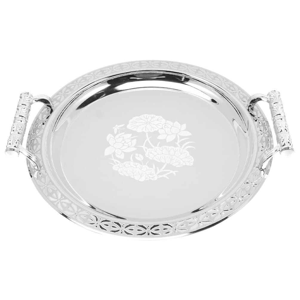 Zerodeko Bandeja de acero inoxidable para servir estilo europeo, plato de frutas vintage con asas dobles, bandeja retro para tartas de postre, bandeja organizadora de joyas, bandeja organizadora para