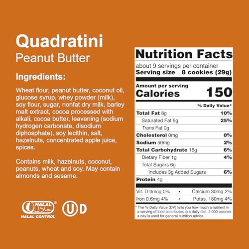 Image of Loacker Quadratini Peanut Butter bite-size Wafer Cookies - 30% Less Sugar - Premium Crispy Wafers with Peanut Butter cream filling - great for snacks & desserts- Non GMO - LARGE Snack Bag 250g /8.82oz