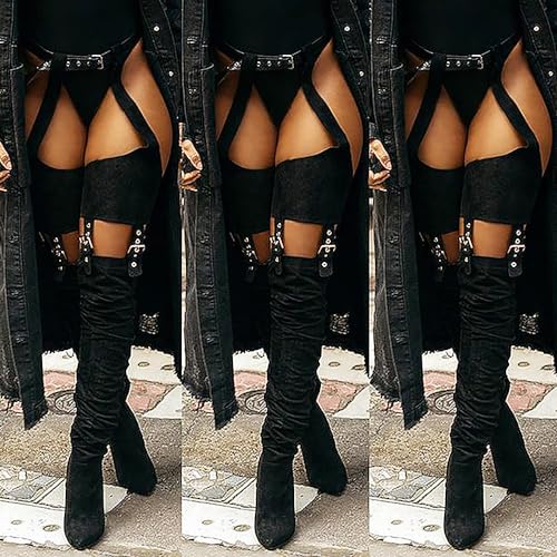 HiColor Women's Belted Pointed Toe high Boots Striking Buckle Strap Fashion thick Heel Thigh high Boot4