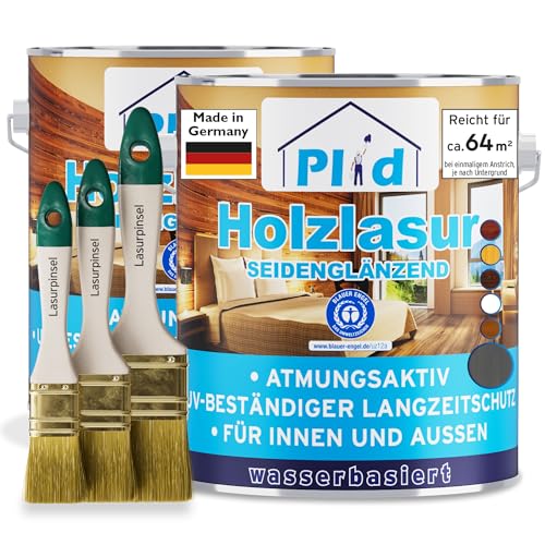 PLID® Holzlasur Innen & Aussen Grau 5L - Holzschutzlasur Außen mit UV beständigem Langzeitschutz- Grundierung Holz Außen - Holzschutzgel - Holz Lasur atmungsaktiv - Made in Germany Set