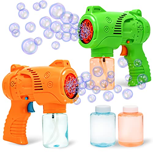 Image of JOYIN 2 Colorful Bubble Gun with 2 Bottles Bubble Solutions for Kids, Indoor and Outdoor Play, Bubble Blower Machine for Summer Themed Party and Birthday Supplies