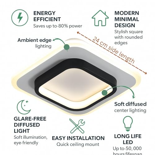 Image of 40w LED Ceiling Light from Acrylic Flush Mount Lamp for Living Room, Bedroom, Kitchen & Office. Modes : Warm, Cool & Natural White (Square)