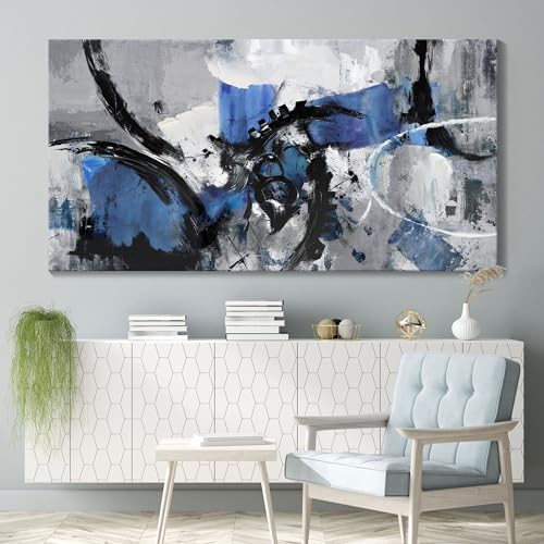 Image of Abstract Canvas Wall Art: Large Wall Art Paintings for Living Room, Modern, Framed Artwork in Blue and Black -Bedroom, and Office Decorations for Work - Pictures for a Stylish Wall Decor