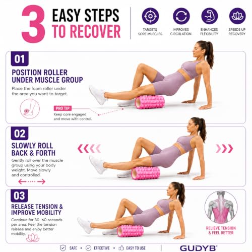 Image of Foam Roller for Exercise & Gym | Deep Tissue Muscle Massage Roller for Back, Neck, Calf & Thigh Pain Relief | Yoga, Stretching, Recovery & Fitness Workout Equipment | 33cm PINK